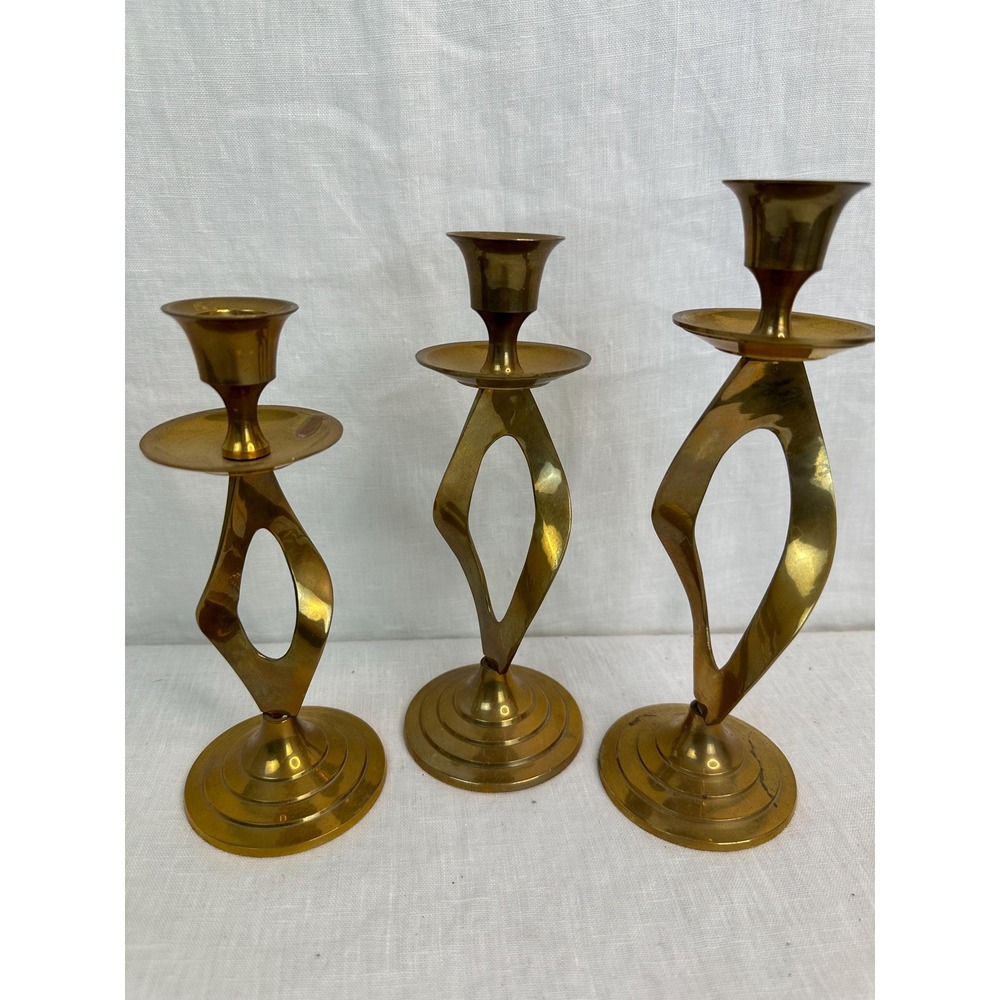 Vintage Twisted Brass Candle Stick Holders Set of Three MCM Gold Mid Century